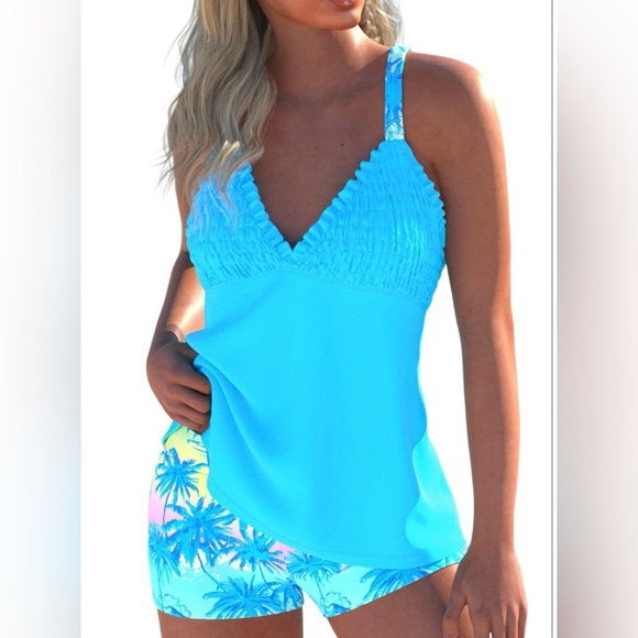 MODLILY® Smocked Tropical Plants Print Cyan Tankini Set Size Large NWT - Picture 1 of 6